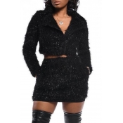 Lovely Casual O Neck Black Two-piece Skirt Set