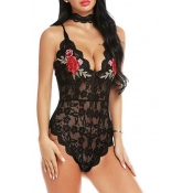 Lovely Sexy Embroidery Black Teddies