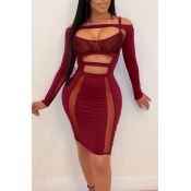 Lovely Sexy Hollow-out Wine Red Mini Dress