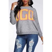 Lovely Casual O Neck Letter Grey Sweater