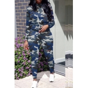 Lovely Casual Hooded Collar Camouflage Printed Blu