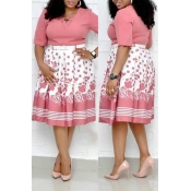 Lovely Casual Printed Pink Knee Length Plus Size D