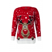 Lovely Casual O Neck Christmas Deer Red Plus Size 