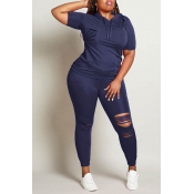 LW Plus Size Hooded Collar Ripped Tracksuit Set