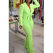 Lovely Work Turn-back Collar Green Two-piece Pants