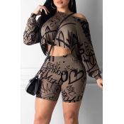 Lovely Casual Letter Printed Khaki Two-piece Short