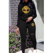 Lovely Trendy Hooded Collar Hollow-out Black Two-p