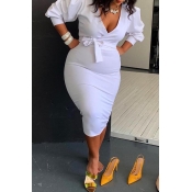 Lovely Casual V Neck White Mid Calf Plus Size Dres