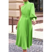 Lovely Casual One Shoulder Green Mid Calf Plus Siz