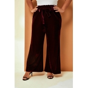Lovely Casual Lace-up Wine Red Plus Size Pants
