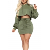 Lovely Casual Hooded Collar Crop Top Green Two-pie