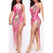 Lovely Party Side Slit Printed Pink Ankle Length E