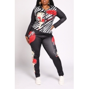 Lovely Casual Lip Printed Black Plus Size Two-piec