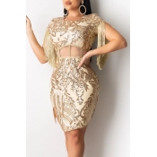 Lovely Party O Neck Tassel Design Apricot Mini Eve