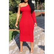 Lovely Trendy One Shoulder Red Mid Calf Dress