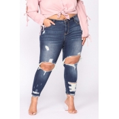Lovely Casual Hollow-out Deep Blue Plus Size Jeans