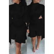 Lovely Sweet Flounce Design Black Knee Length Dres