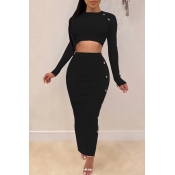 Lovely Casual Crop Top Black Two-piece Skirt Set