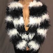 Lovely Casual Striped Basic Black And White Coat