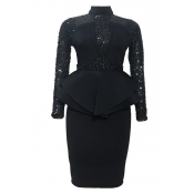 Lovely Sweet Patchwork Flounce Black Knee Length E