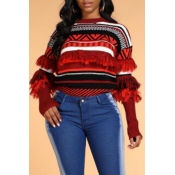 Lovely Trendy Tassel Design Geometric Red Sweater
