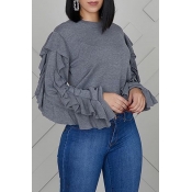 Lovely Trendy Flounce Design Grey Sweatshirt Hoodi