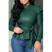 Lovely Trendy Mandarin Collar Lace-up Deep Green B