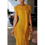 Lovely Trendy Tassel Design Yellow Mid Calf Dress