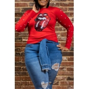Lovely Plus Size Casual Lip Print Red T-shirt