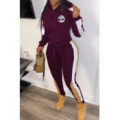 Lovely Sportswear Hooded Collar Patchwork Wine Red