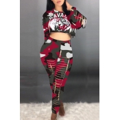 Lovely Sexy Crop Top Print Wine Red Two-piece Pant