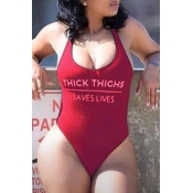 LW Leisure Letter Wine Red One-piece Swimsuit