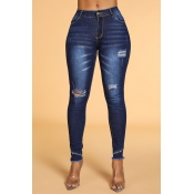 Lovely Casual Broken Holes Deep Blue Jeans