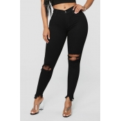 Lovely Trendy Broken Holes Black Jeans