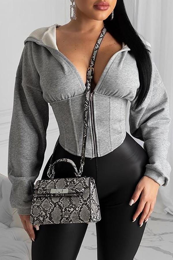 

LW Chic Hooded Collar Zipper Design Grey Hoodie