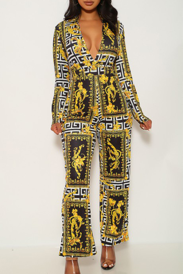 

Lovely Trendy V Neck Print Yellow One-piece Jumpsuit
