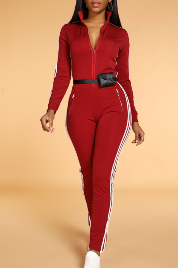 

Lovely Trendy Striped Skinny Wine Red One-piece Jumpsuit