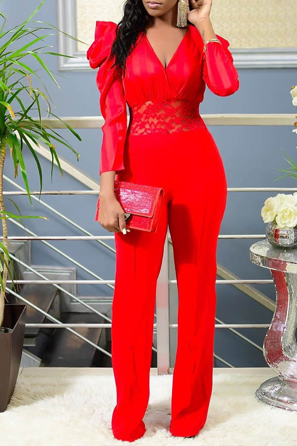 

Lovely Casual Patchwork Red One-piece Jumpsuit