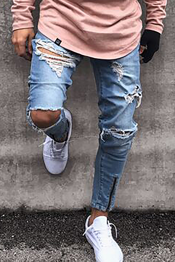 

Lovely Casual Hollow-out Baby Blue Jeans
