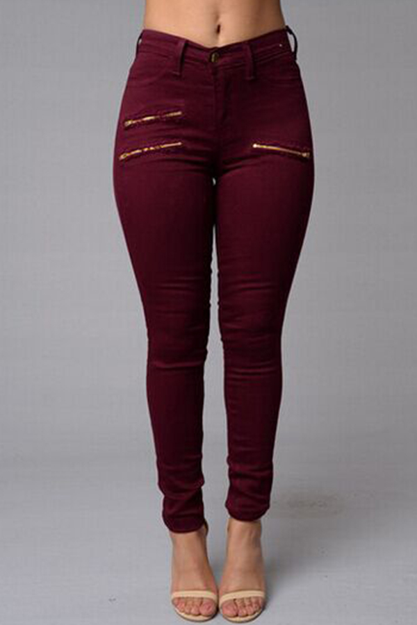 

Lovely Casual Zipper Design Wine Red Pants