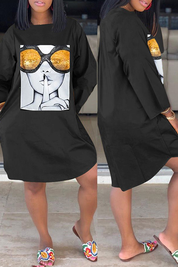 

Lovely Casual O Neck Print Black Knee Length Dress