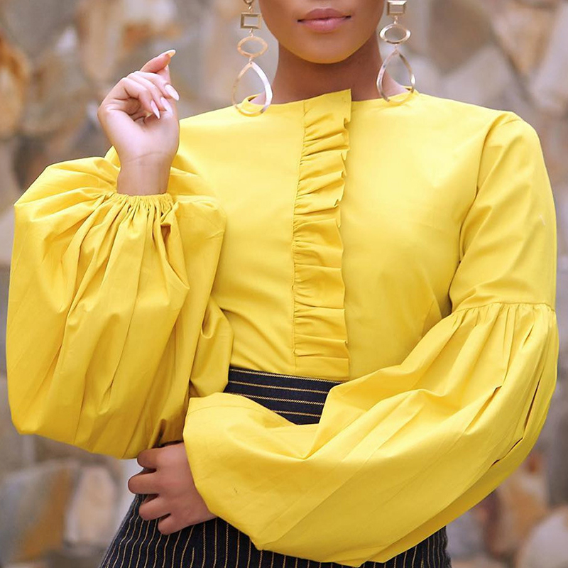 

Lovely Casual O Neck Flounce Design Yellow Blouse
