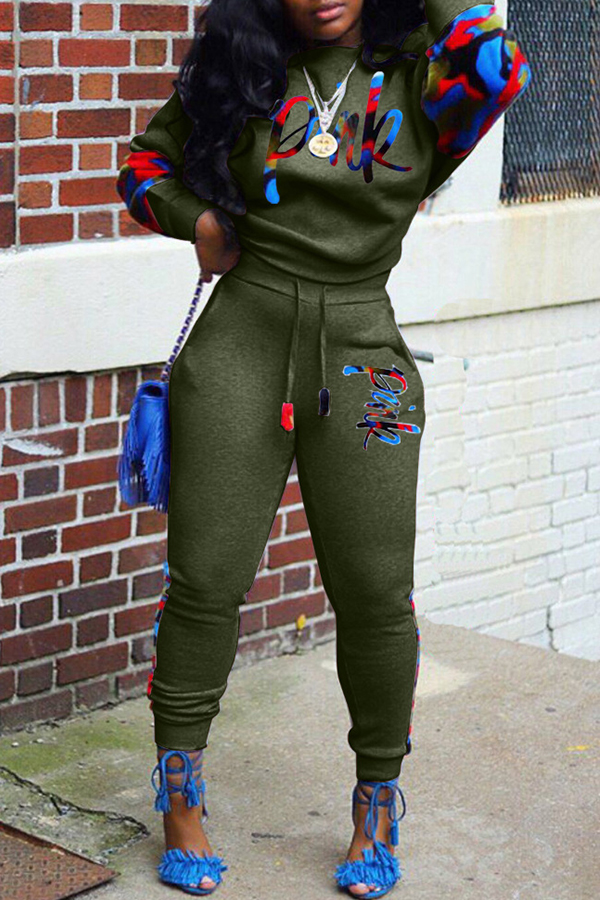 Lovely Casual Lip Print Army Green Two-piece Pants Set