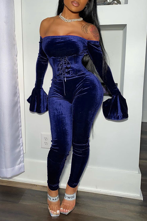 

Lovely Party Dew Shoulder Deep Blue Two-piece Pants Set