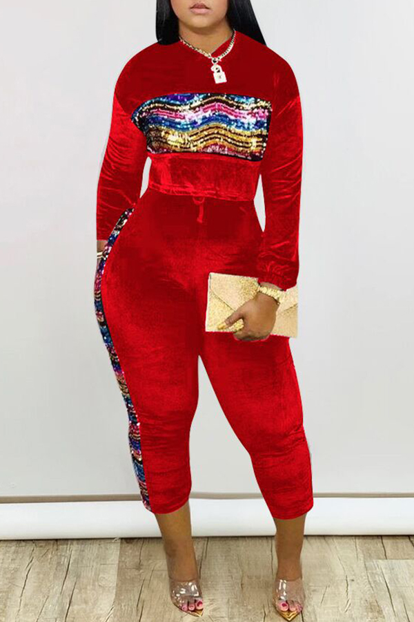 

Lovely Casual Patchwork Red Two-piece Pants Set