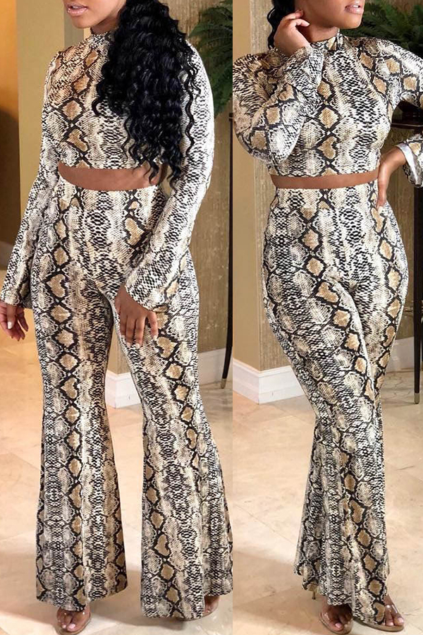 

Lovely Casual Snakeskin Print White Two-piece Pants Set