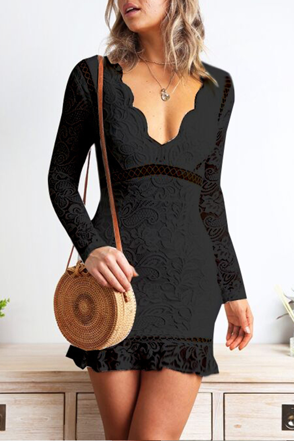 

Lovely Sweet V Neck Flounce Black Mini Dress