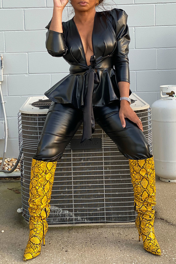 

Lovely Trendy V Neck Flounce Black Two-piece Pants Set