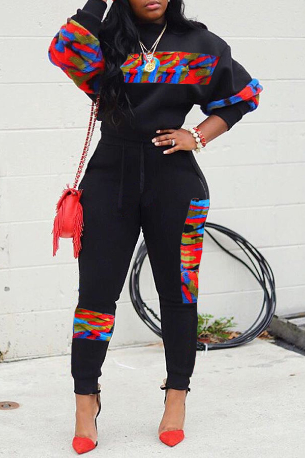Lovely Casual Patchwork Print Black Two-piece Pants Set