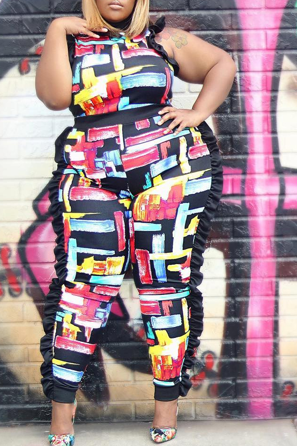 Lovely Trendy Flounce Design Black Plus Size One-piece Jumpsuit